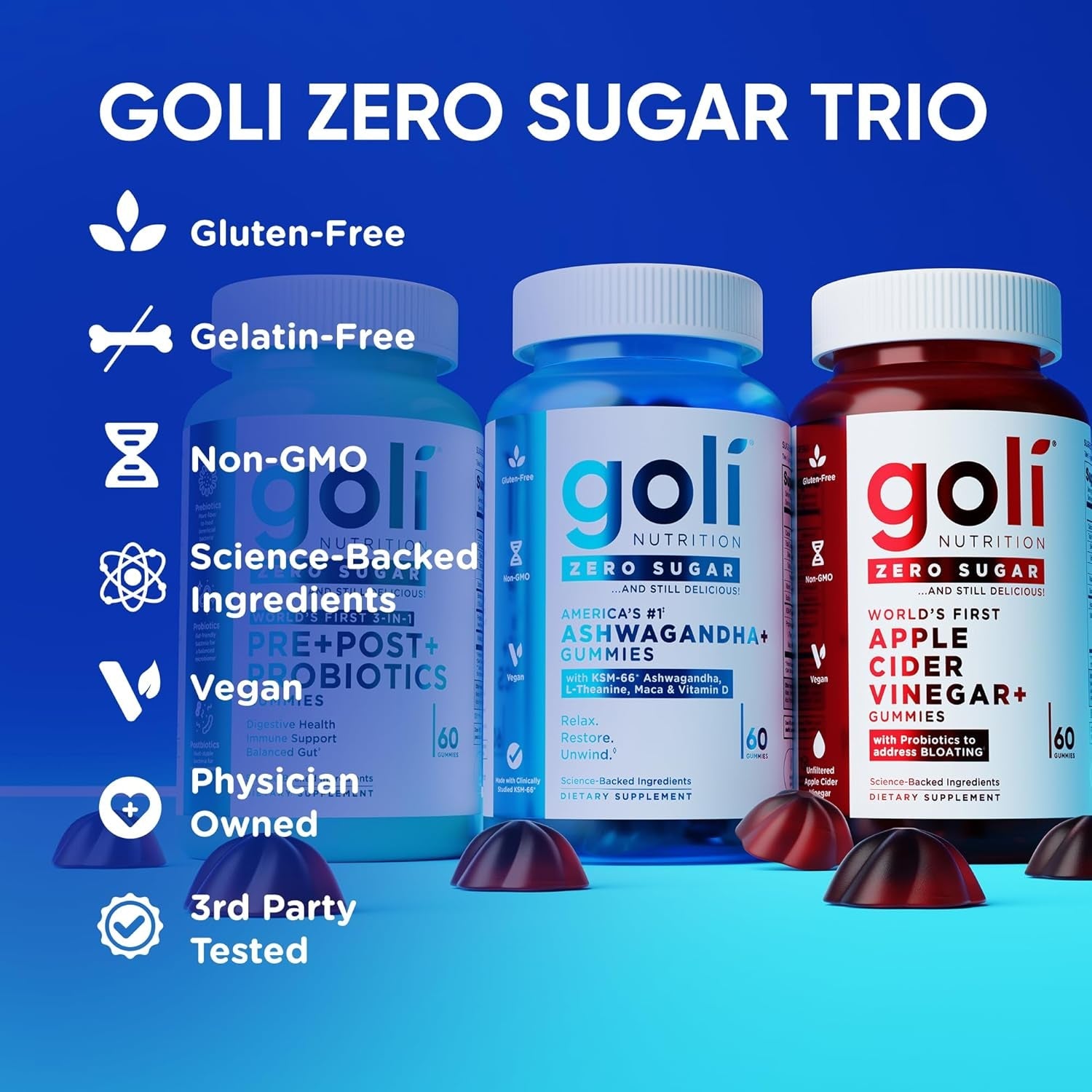 Goli Zero Sugar Trio - World'S First 3-In-1 Pre, Post, Probiotic, Apple Cider Vinegar with Vitamin B12 and Probiotics, Ashwagandha & L-Theanine, Vitamin D Gummies, 90 Count (3-Bottle Set)