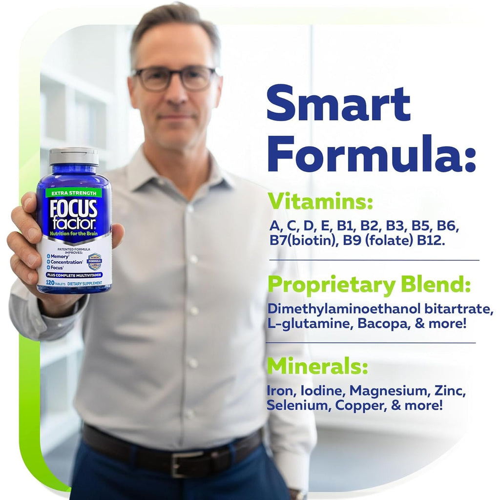 Focus Factor Adults Extra Strength, 120 Count - Brain Supplement for Memory, Concentration and Focus - Complete Multivitamin with DMAE, Vitamin D, DHA - Trusted Health Vitamins
