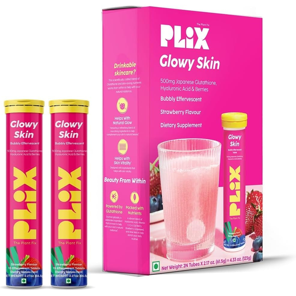 PLIX Glowy Skin 500Mg Glutathione Supplement with Hyaluronic Acid, Vitamin C, E & Berries | 30 Effervescent Tablets, Strawberry Flavor