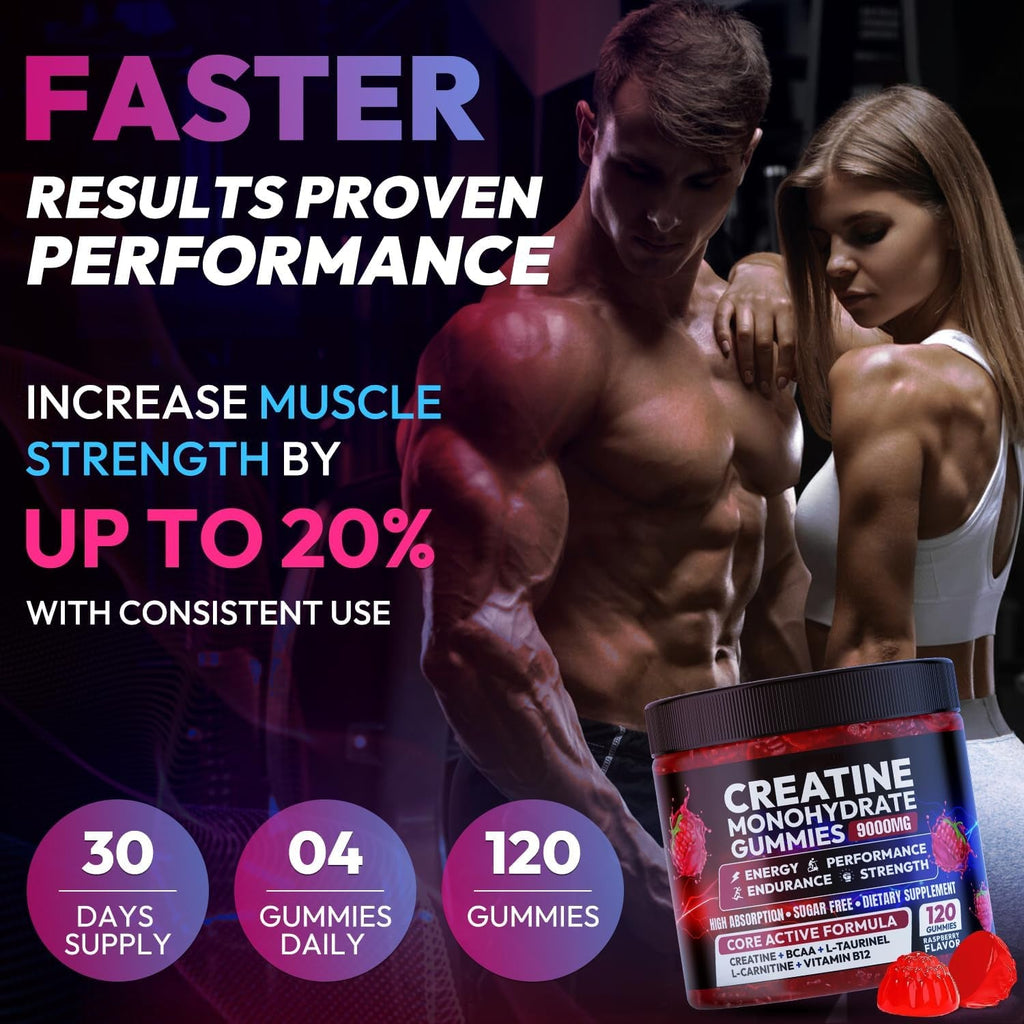 Creatine Gummies Monohydrate Complex, Pre-Workout for Men & Women, Creatine Gummy with L-Taurine, BCAA 2:1, B12/6 for Muscle Support, Enhance Strength, Energy Boost-120 Count