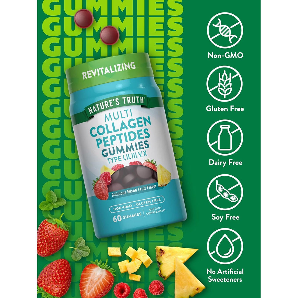 Nature'S Truth Multi Collagen Gummies | Type I, II, III, V, X | 60 Count | Non-Gmo & Gluten Free Complex Supplement | Mixed Fruit Flavor