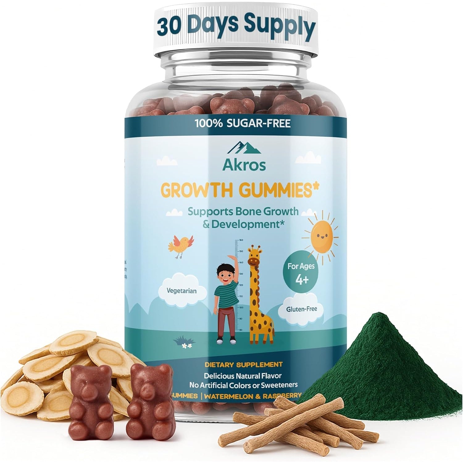 Akros Growth Gummies for Kids & Teens | Sugar-Free Calcium + Vitamin D3 & K2 Gummies - Height & Bone Support | Ashwagandha, Spirulina, L-Arginine | Non-Gmo, Gluten-Free, 60 Raspberry-Watermelon Bears