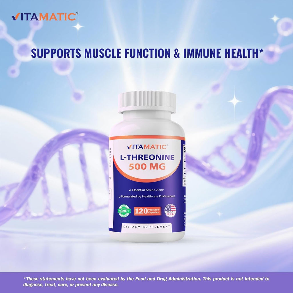 Vitamatic L-Threonine 500Mg – 120 Vegetable Capsules Promotes Healthy Liver, Cardiovascular & Structural Function