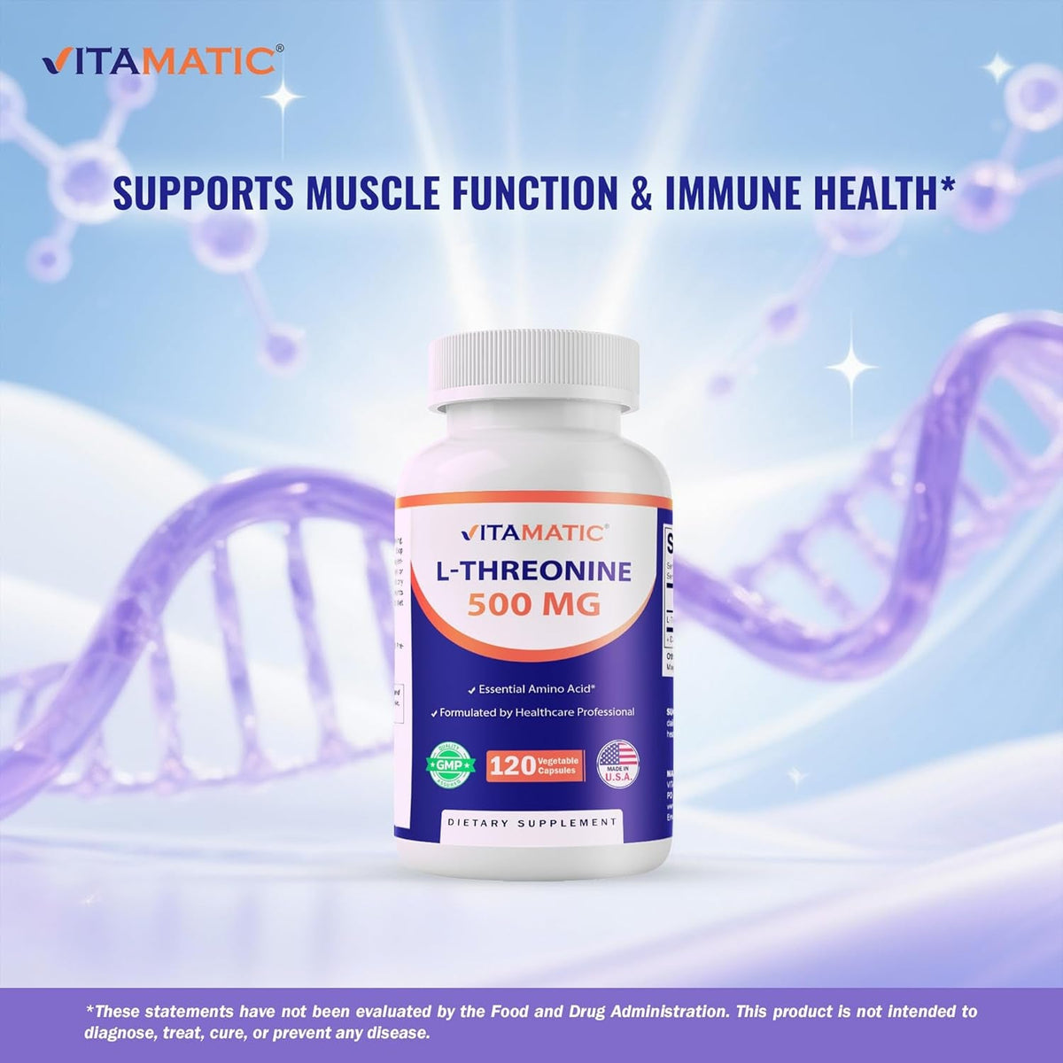 Vitamatic L-Threonine 500Mg – 120 Vegetable Capsules Promotes Healthy Liver, Cardiovascular & Structural Function