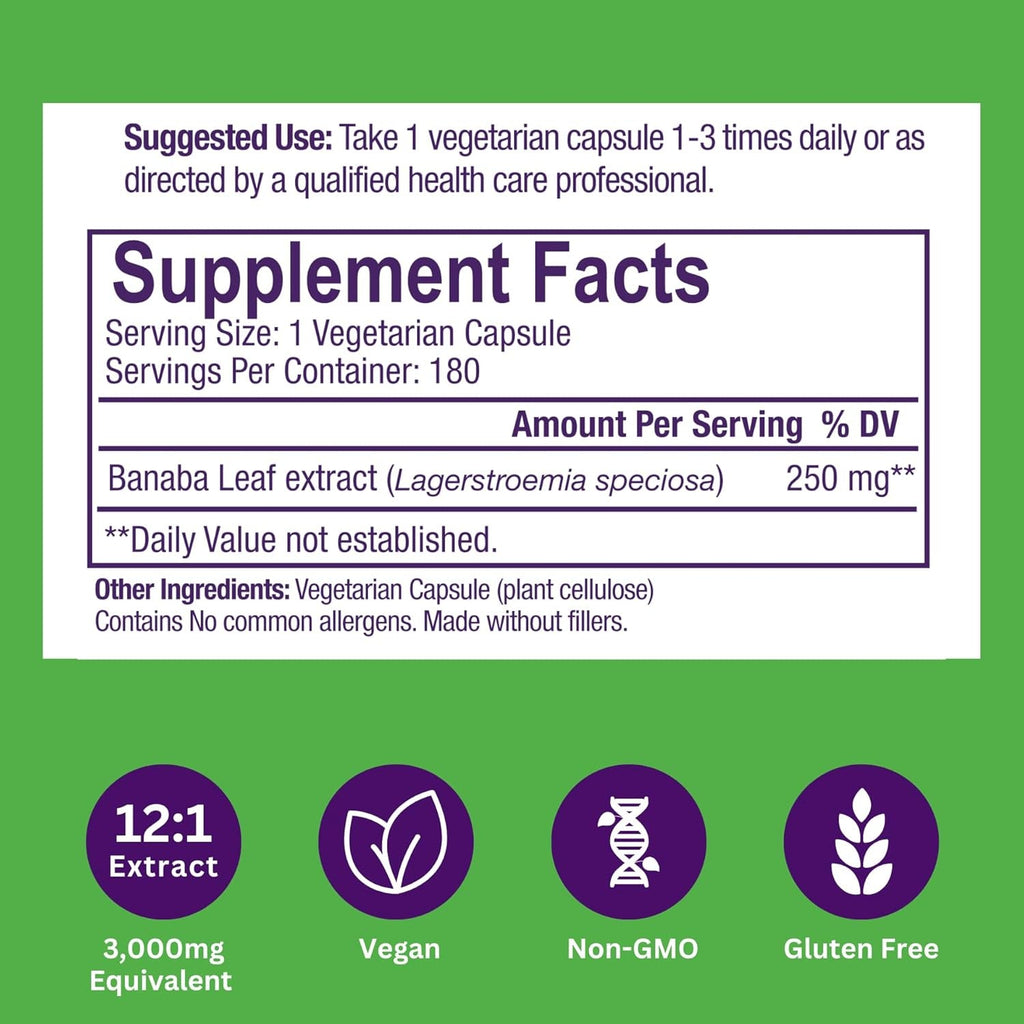 Paradise Herbs, Banaba Leaf, 12:1 Concentrated Extract, 250 Mg, Vegan, Gluten-Free, Non-Gmo, 180 Capsules