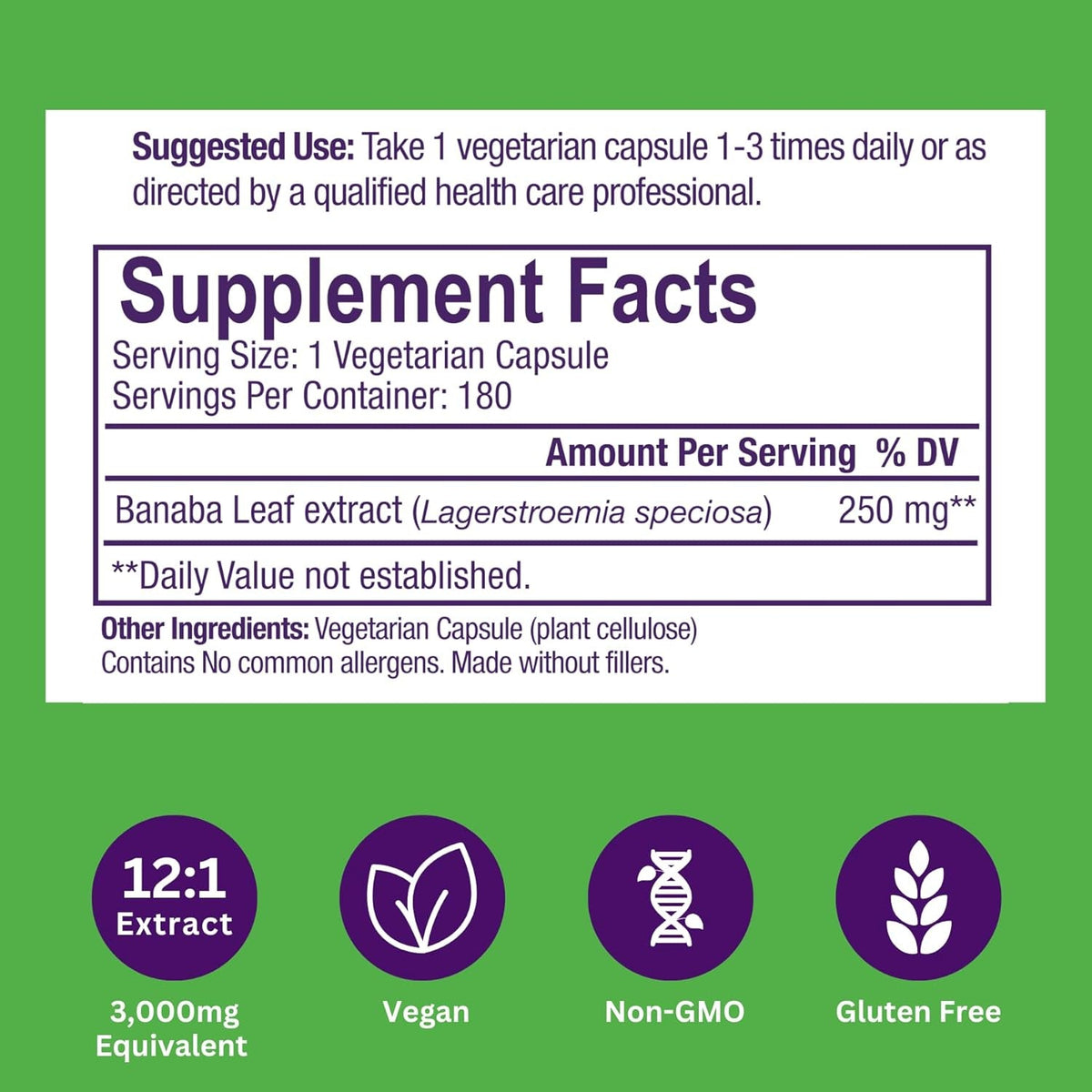 Paradise Herbs, Banaba Leaf, 12:1 Concentrated Extract, 250 Mg, Vegan, Gluten-Free, Non-Gmo, 180 Capsules