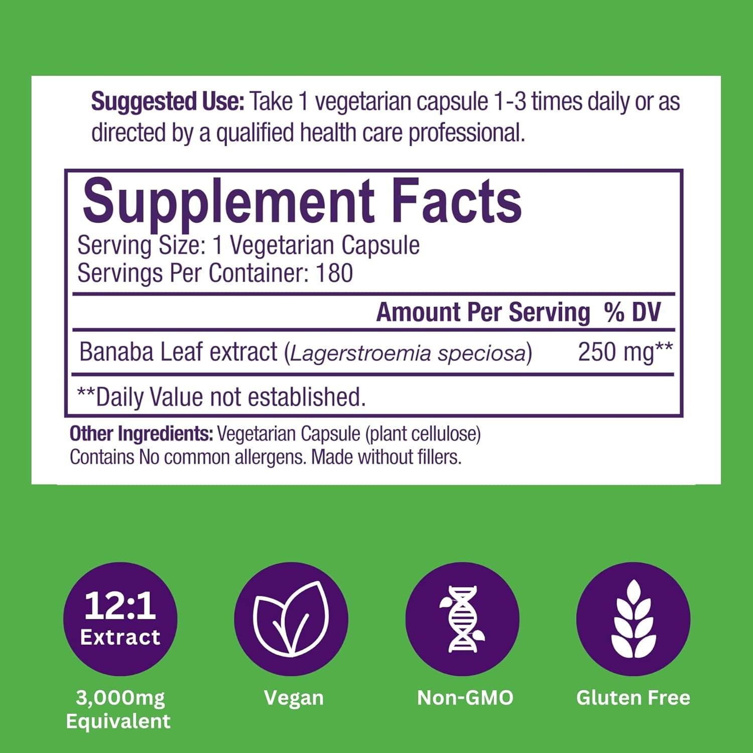 Paradise Herbs, Banaba Leaf, 12:1 Concentrated Extract, 250 Mg, Vegan, Gluten-Free, Non-Gmo, 180 Capsules