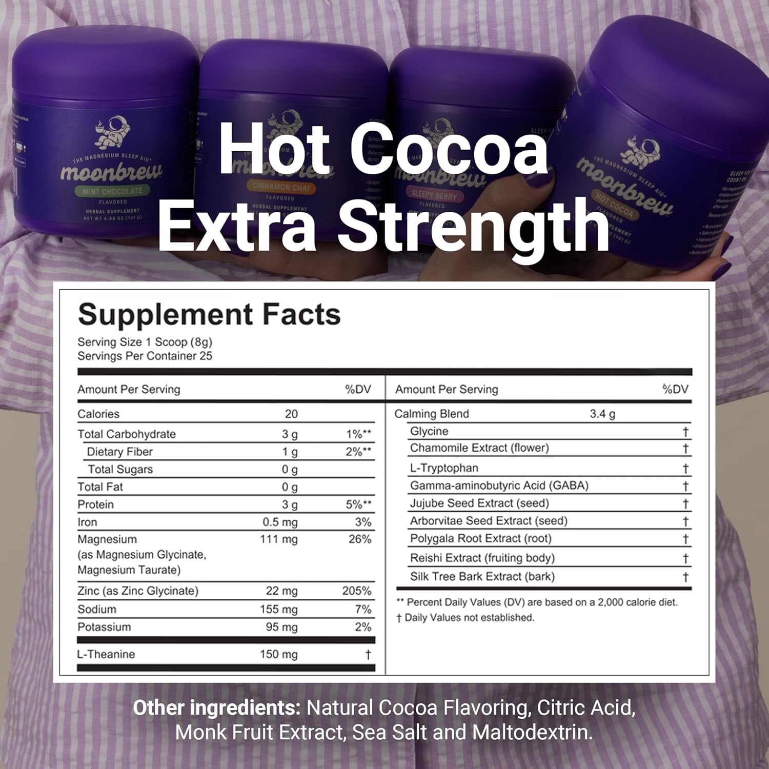 Moonbrew Nighttime Extra Strength Magnesium Hot Cocoa, Natural Sleep Aid Drink Mix for Adults - Calming Melatonin-Free Sleep Support - Hot Chocolate Powder with L-Theanine & Zinc Glycinate