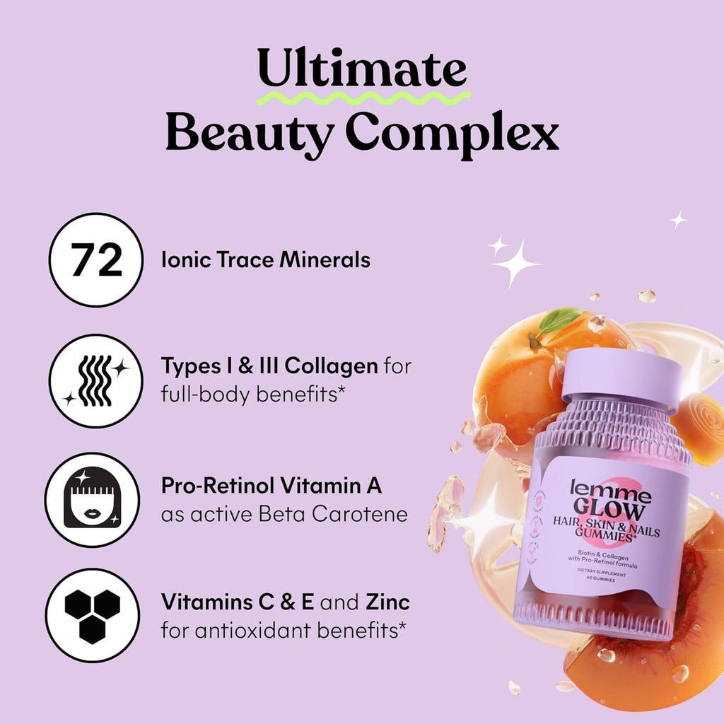 Lemme Glow Collagen Gummies for Thick Hair, Strong Nails & Healthy Skin with Multi-Collagen Peptides, Biotin, Trace Minerals, Zinc, Vitamins A, C & E, Dairy & Gluten Free, Peach Flavor, 60 Ct.