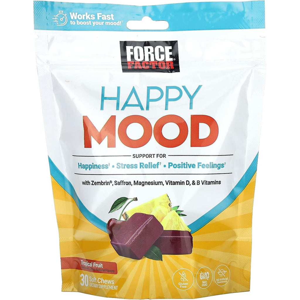 Force Factor Happy Mood, Mood Support and Balance Supplement to Support Happiness, Positivity, and Stress, Made with Magnesium, Saffron, Zembrin, Non-Gmo, Tropical Fruit Flavor, 30 Soft Chews