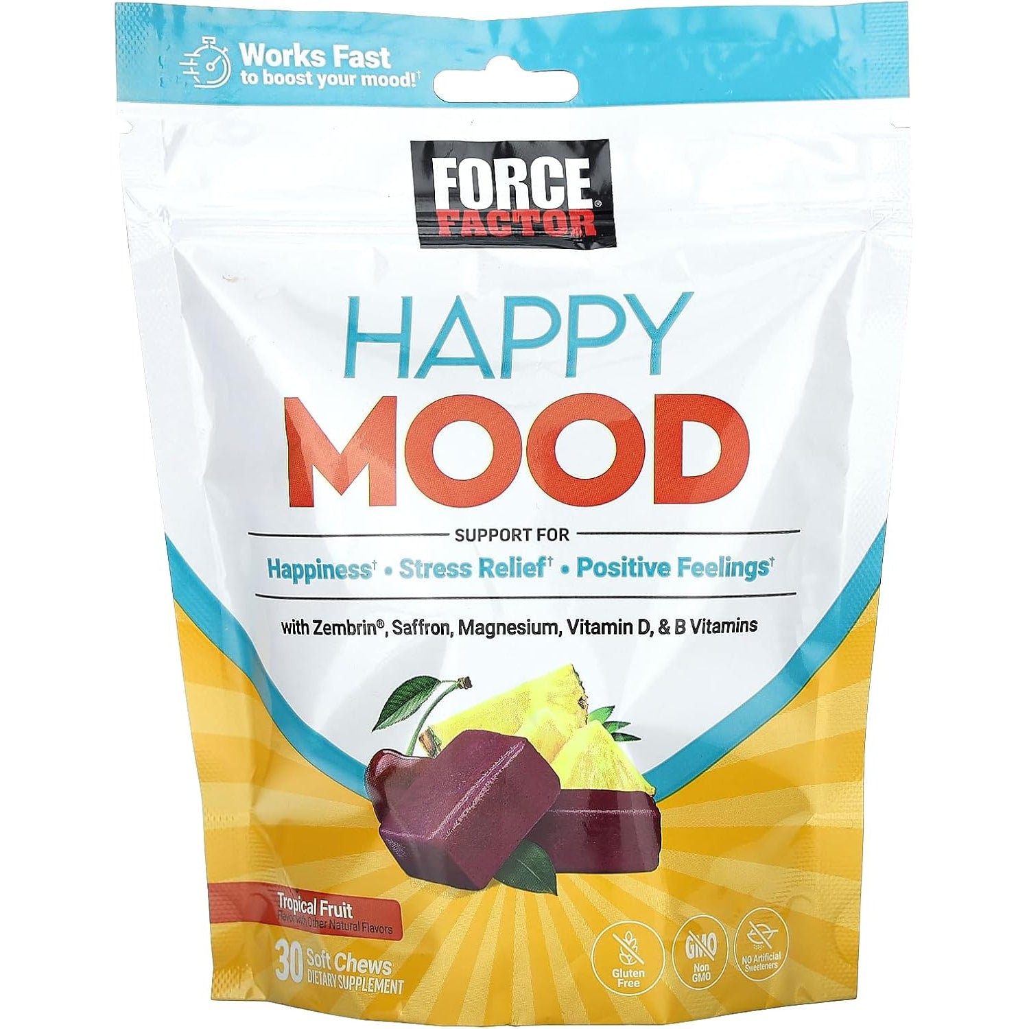 Force Factor Happy Mood, Mood Support and Balance Supplement to Support Happiness, Positivity, and Stress, Made with Magnesium, Saffron, Zembrin, Non-Gmo, Tropical Fruit Flavor, 30 Soft Chews