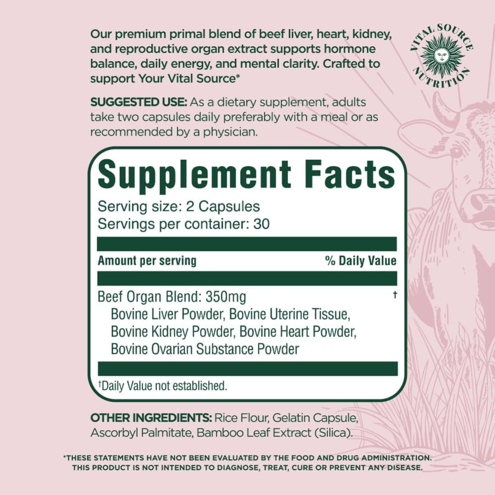 Vital Source Nutrition - Bifi Capsules - Beef Organ Primal Blend - Premium Ancestral Supplements for Women - Supports Hormone Health, Energy, & Stamina - Daily Vitality - No Artificial Ingredients