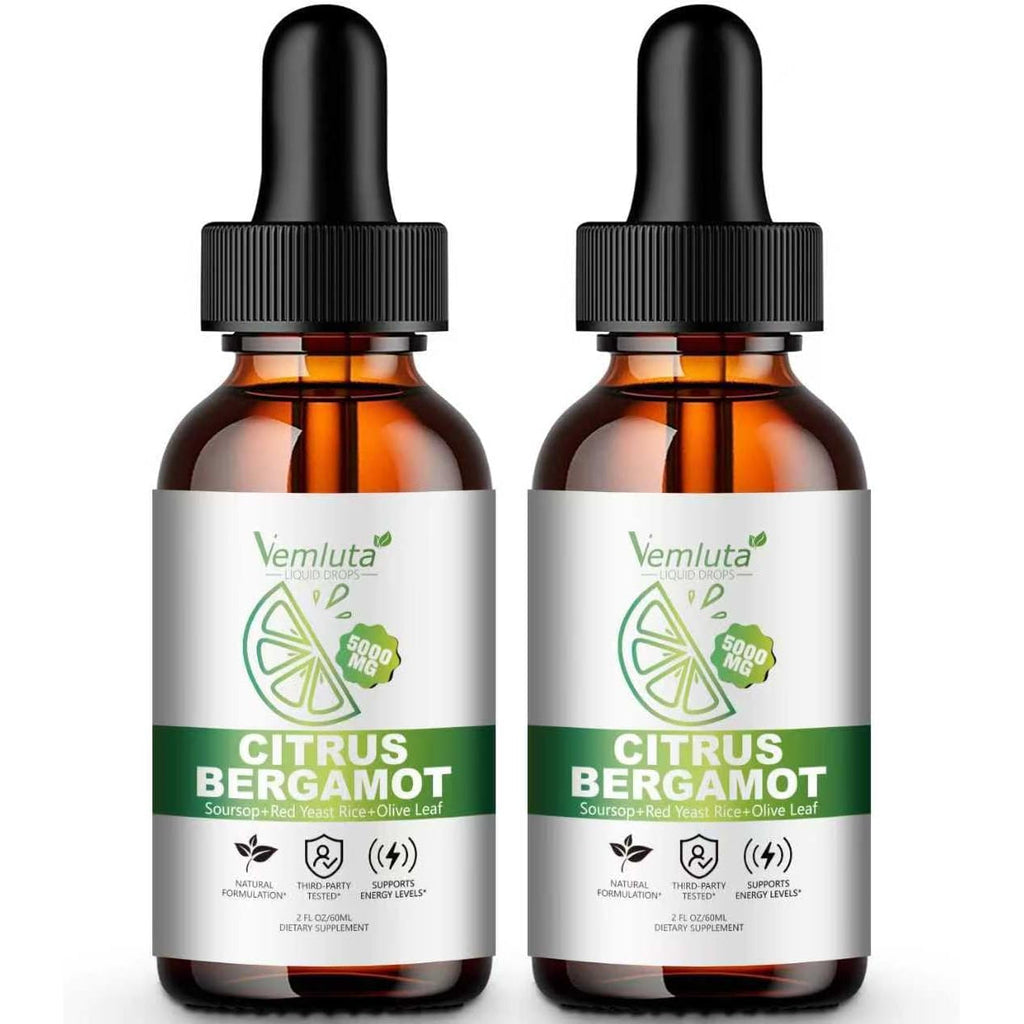 2 Packs 5000Mg Citrus Bergamot Liquid Drops-2X Absorption- Cholesterol Lowering Supplement W Soursop, Red Yeast Rice, Olive Leaf, Hight Cholesterol -Soursop Bitters Liquid-Heart & Immune Support