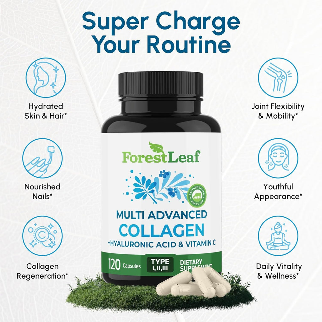Forestleaf Multi Collagen Pills with Hyaluronic Acid + Vitamin C | Hydrolyzed Collagen Supplements for Women or Men | Multi Collagen Capsules Peptides for Skin, Wrinkles, 120 Caps