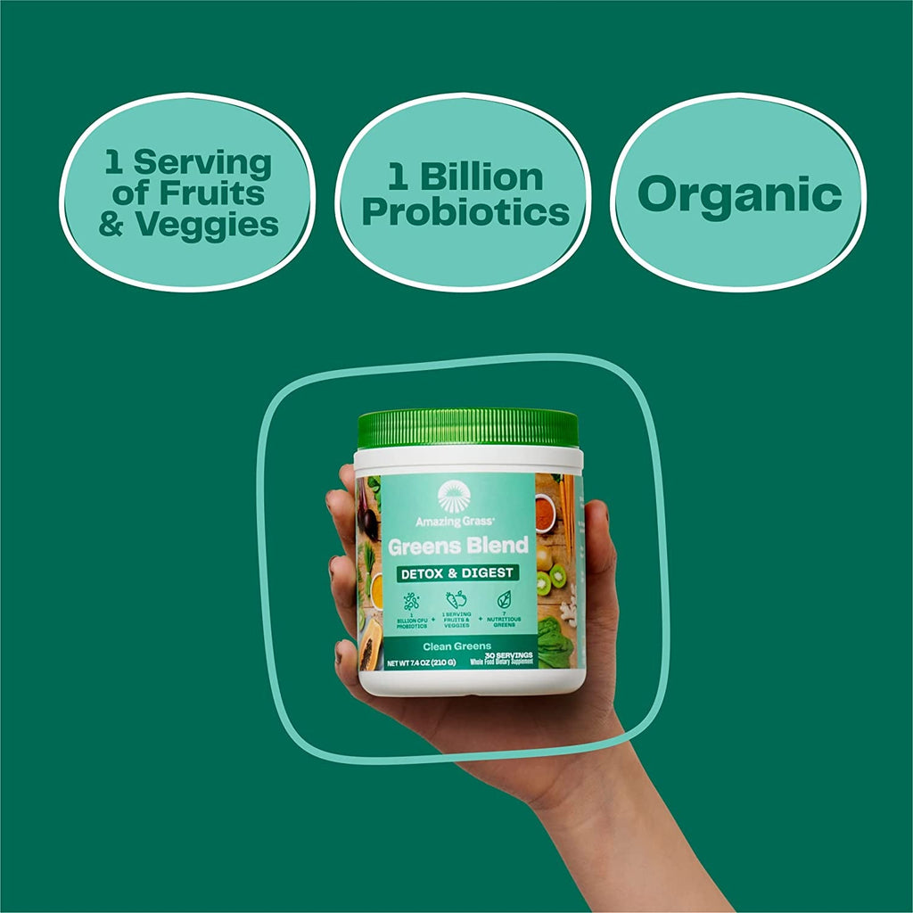 Amazing Grass Greens Blend Detox & Digest, Smoothie Mix, Cleanse with Super Greens Powder, Digestive Enzymes & Probiotics, Clean Greens, 30 Servings, 7.4 Ounce (Packaging May Vary)