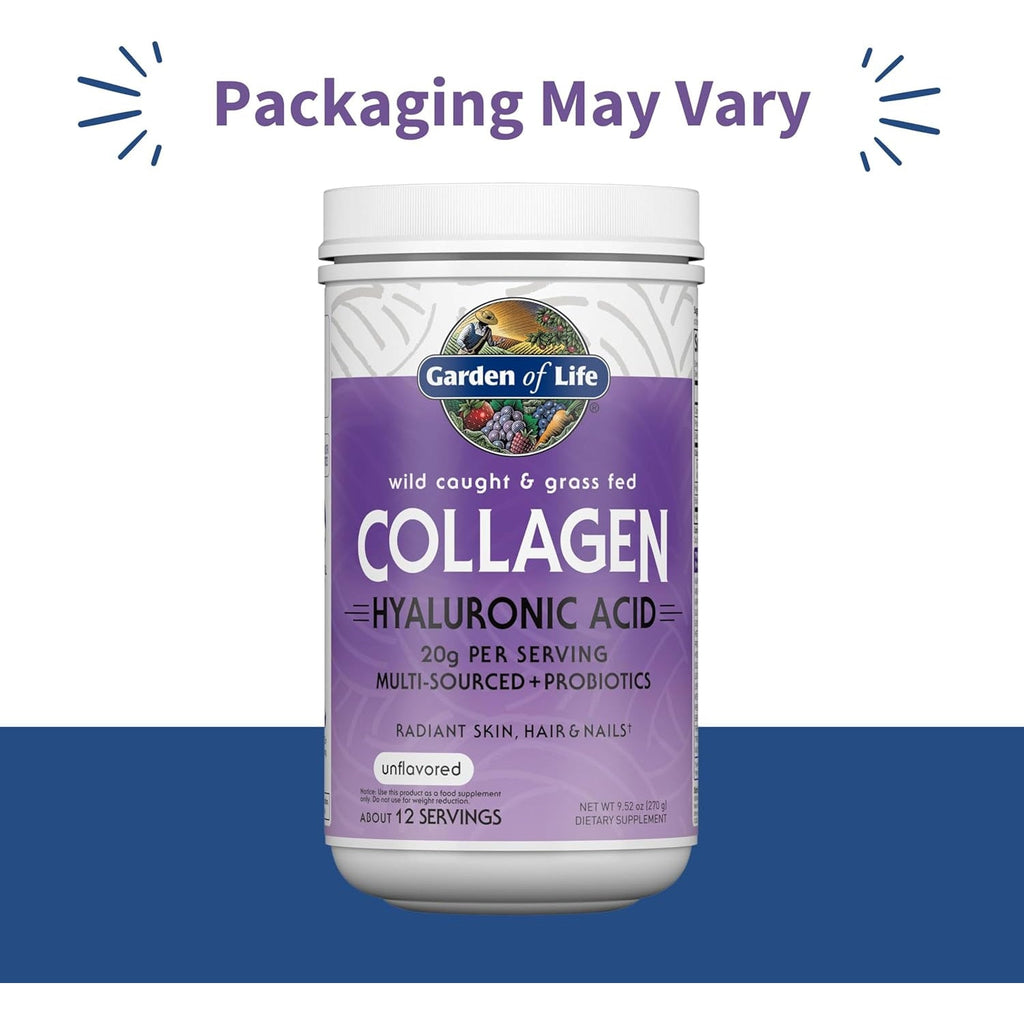 Garden of Life Marine & Grass-Fed Collagen Peptides Powder Supplement (Type I, III) with Probiotics, Bcaas & Hyaluronic Acid for Radiant Hair, Skin & Nails – Unflavored, 20G per Serving, 12 Servings
