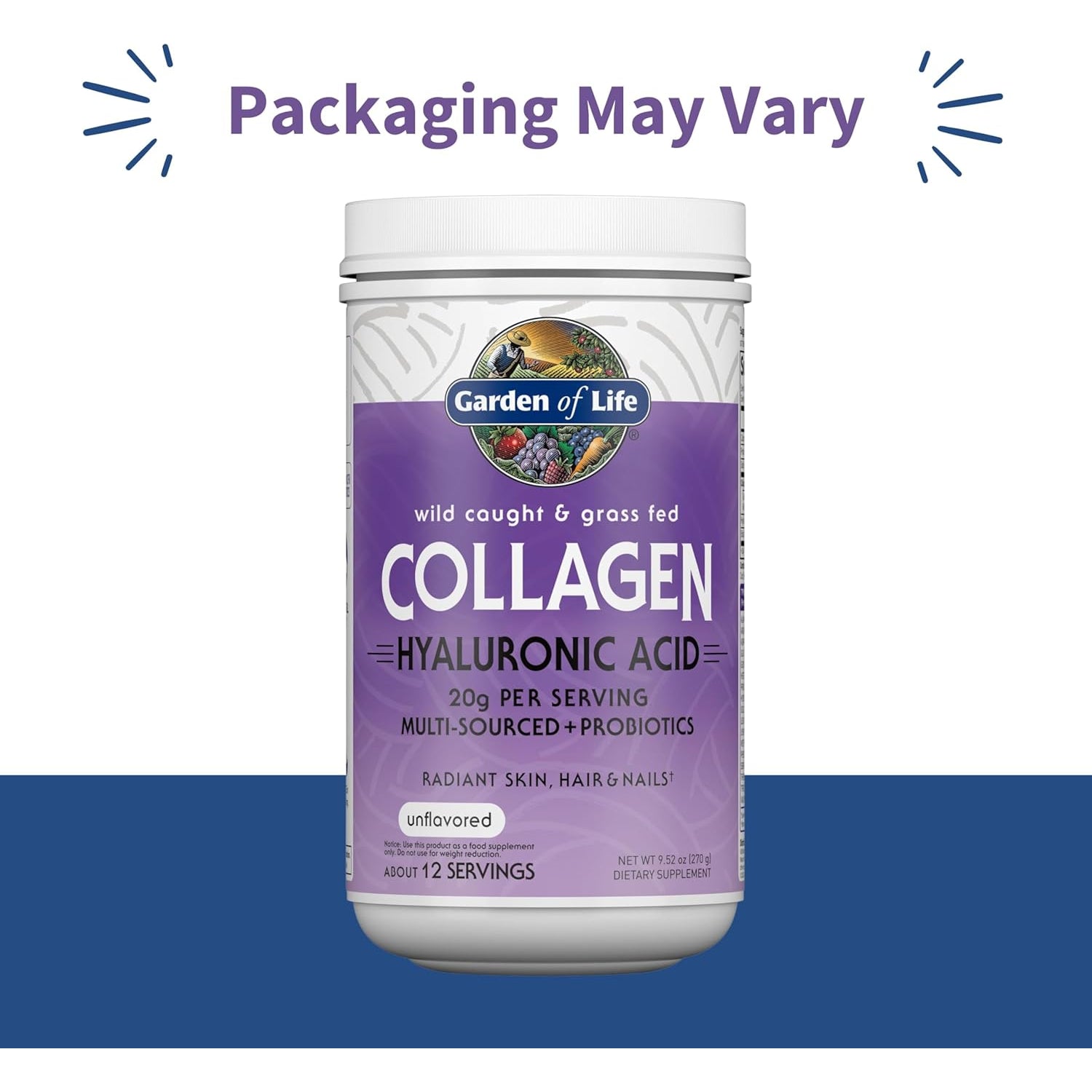 Garden of Life Marine & Grass-Fed Collagen Peptides Powder Supplement (Type I, III) with Probiotics, Bcaas & Hyaluronic Acid for Radiant Hair, Skin & Nails – Unflavored, 20G per Serving, 12 Servings
