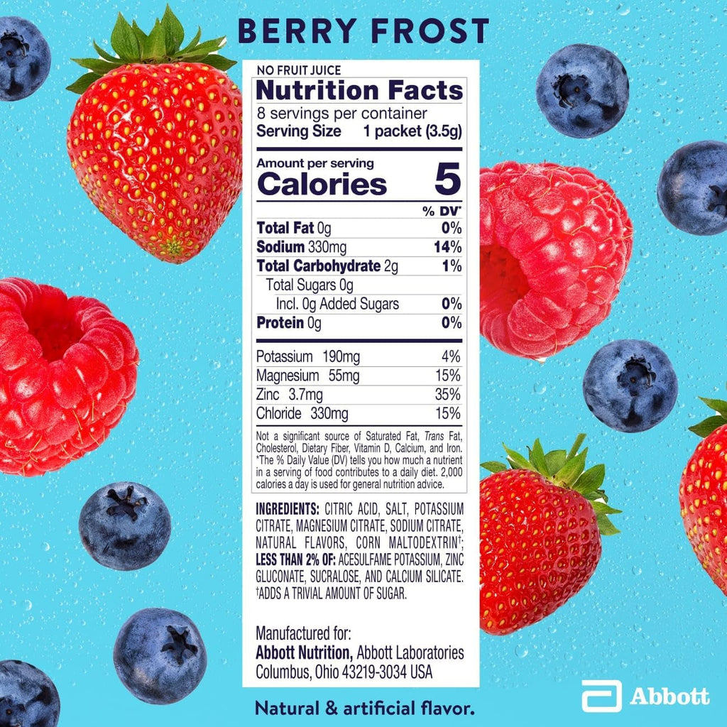 Pedialyte Electrolyte Drink Mix with Zero Sugar | Hydration with Key Electrolytes | Great Hydration Low in Calories | Berry Frost, 24 Powder Packets
