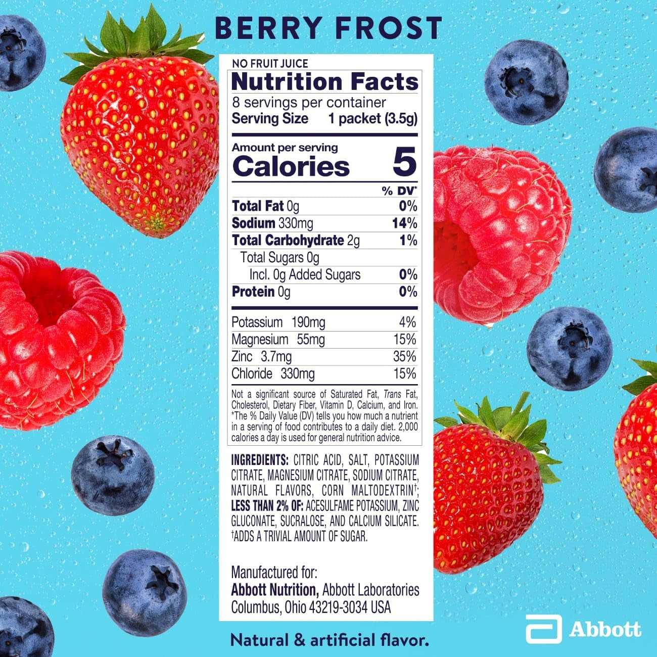 Pedialyte Electrolyte Drink Mix with Zero Sugar | Hydration with Key Electrolytes | Great Hydration Low in Calories | Berry Frost, 24 Powder Packets