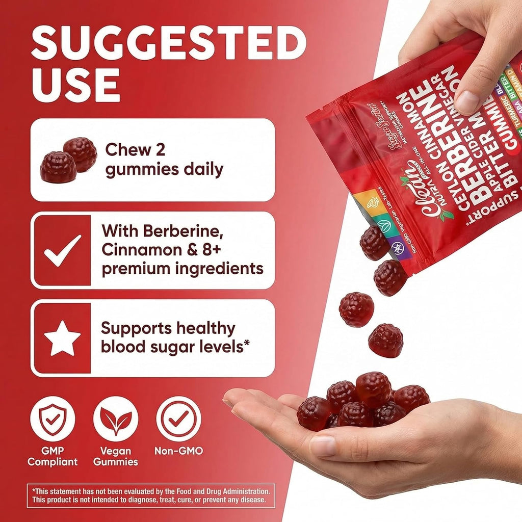 Sugar Savior Ceylon Cinnamon Berberine Gummies Apple Cider Vinegar Artichoke Turmeric Blueberry Ginseng Banaba Bitter Melon Black Pepper Vitamin D Zinc GLP1 Gummies 60 Count by Clean Nutra