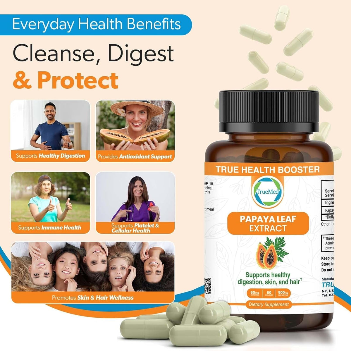 Papaya Leaf Extract 500 Mg for Hair, Skin with 4X Extra Strength Support Blood Platelet with 60 Capsules for 60 Days Supports Digestive Health & Natural Antioxidant