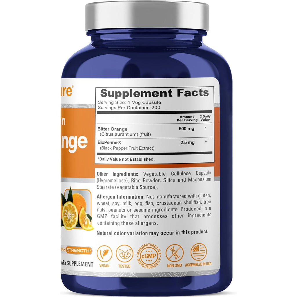 Nusapure Bitter Orange - Suitable for Vegetarian/Vegan, Non - GMO - 500Mg 200 Capsules