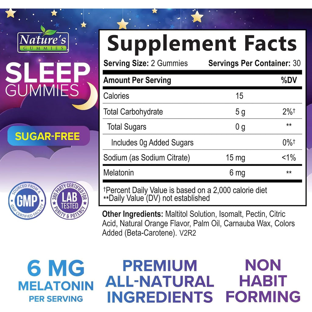 Sleep Gummies for Adults - Sugar Free Melatonin 6 MG per Serving Gummy Supplement - Natural Zero Sugar Sleeping Gummy for Adults & Kids, Orange Flavored, Extra Strength Sleep Support - 60 Gummies