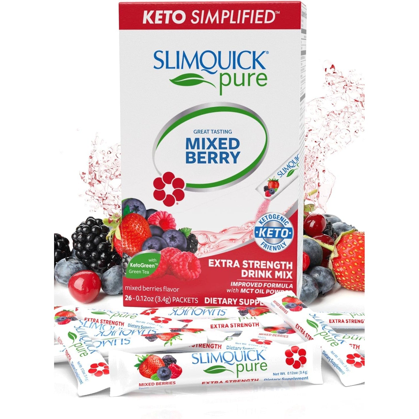Slimquick Pure 3X Extra Strength Mixed Berry Drink Mix for Women to Help Achieve Weight Goals, Helps Metabolism, Keeps Full for Longer with Green Tea, Caffeine, Chaste Tree, Rhodiola Extract, 26 Count