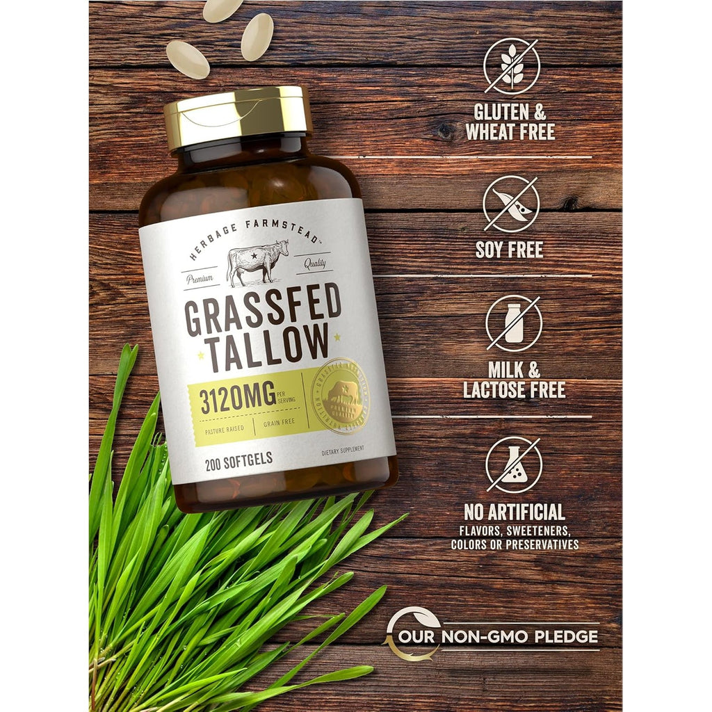 Carlyle Grass Fed Beef Tallow 3120Mg | 200 Softgel Capsules | Pasture Raised Bovine Supplement | Non-Gmo, Gluten Free | by Herbage Farmstead