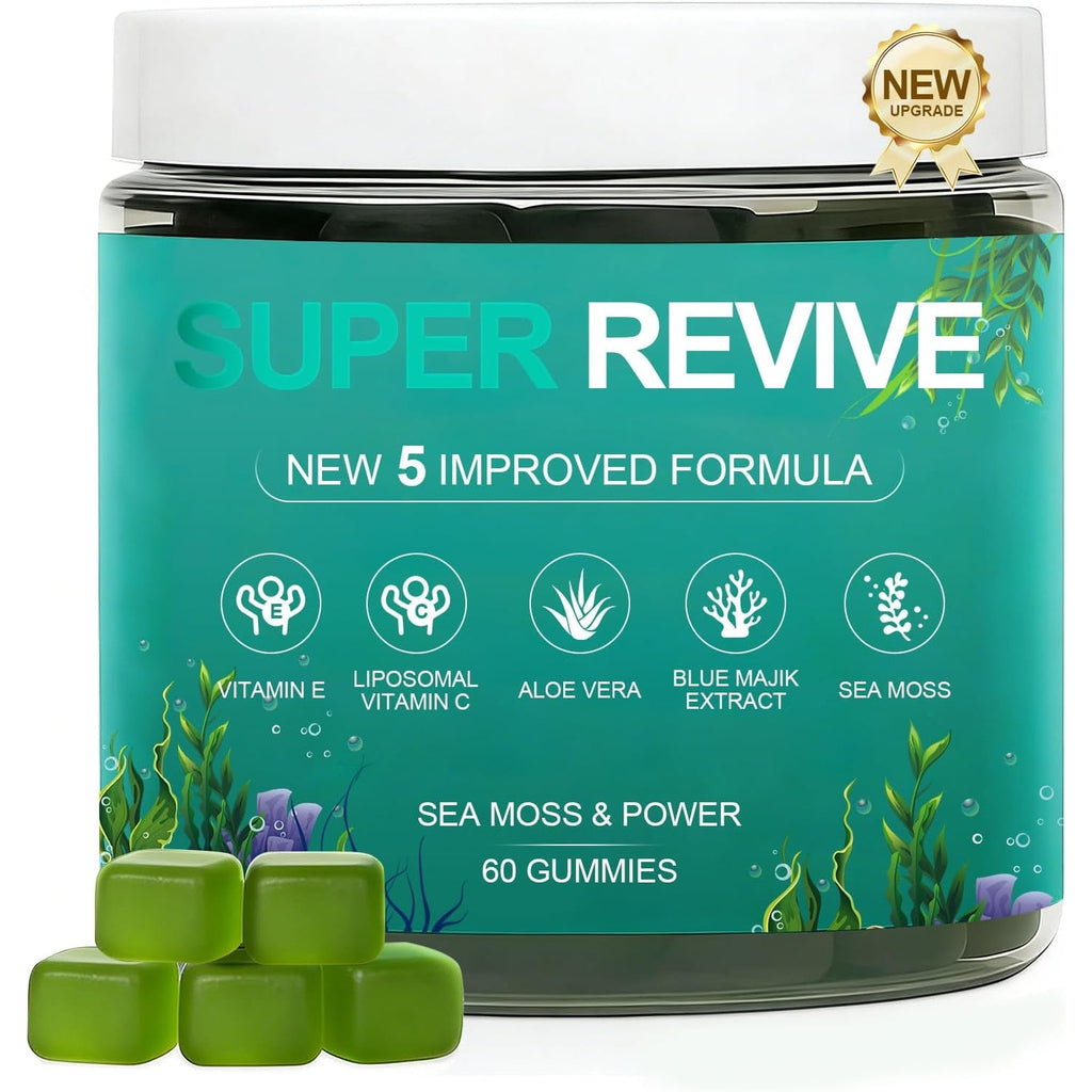 Super Revive Gummies for Hair Loss - Sea Moss Gummies with Vitamin C, E, Aloe Vera & Pearl Powder Glow, Promotes Thicker, Fuller & Stronger Hair - 60 Count