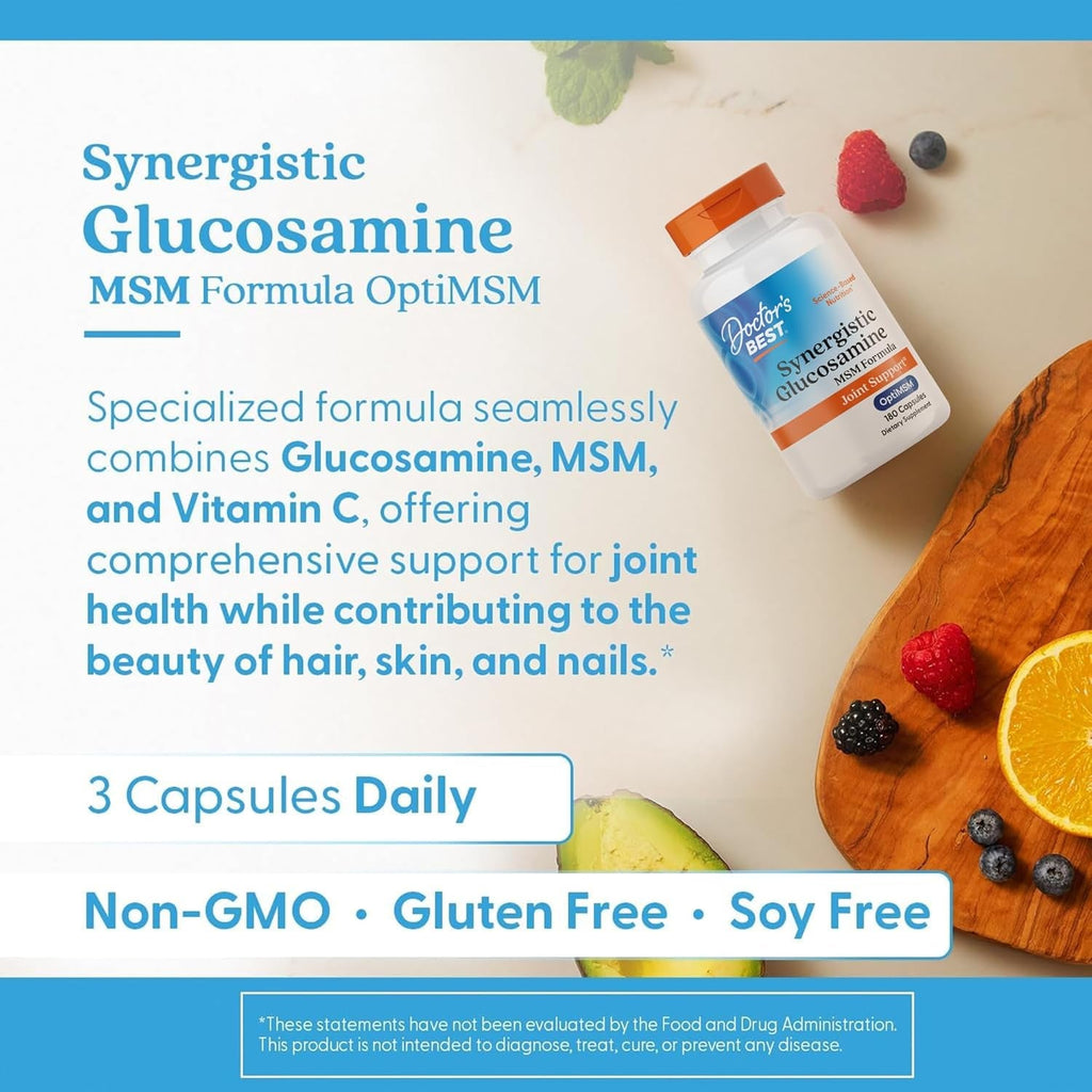 Doctor'S Best Synergistic Glucosamine with MSM Formula - Joint Health Support Supplement for Women & Men, Features Vitamin C, Potassium, & Chloride, Non-Gmo, Gluten Free, Soy Free - 180 Capsules