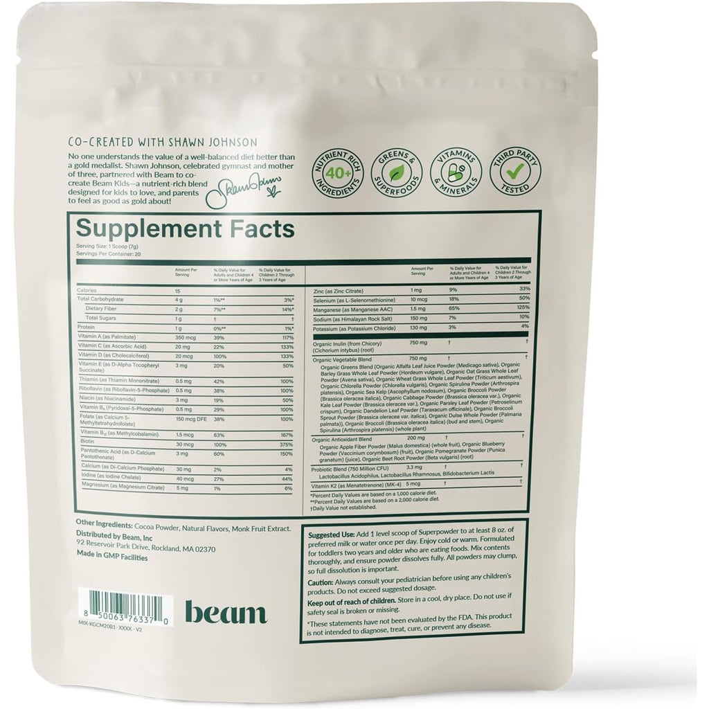 Beam Kids Multivitamin Powder – Kids Vitamins with Greens, Probiotic & Prebiotic, Immune Support for Children & Toddlers, No Artificial Sweeteners, for Picky Eaters, 20 Servings, Chocolate Flavor