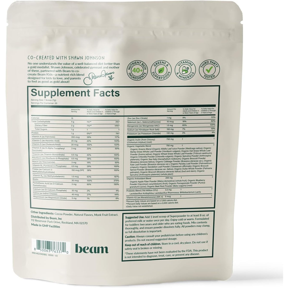 Beam Kids Multivitamin Powder – Kids Vitamins with Greens, Probiotic & Prebiotic, Immune Support for Children & Toddlers, No Artificial Sweeteners, for Picky Eaters, 20 Servings, Chocolate Flavor