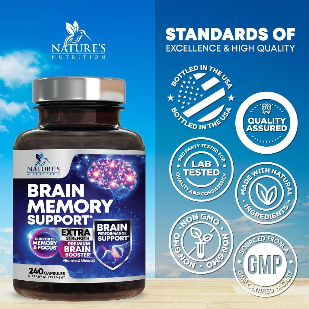 Brain Memory Supplement Pills - 3X Strength Nootropics for Concentration, Clarity & Focus Support - Brain Health Cognitive Vitamins with Bacopa, Phosphatidylserine & DMAE, Brain Booster - 240 Capsules
