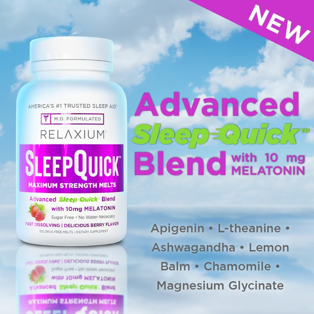 Relaxium Sleep Quick Maximum Strength Melts, Fast Acting Sleep Aid with 10 Mg Melatonin, Drug Free Dietary Supplement, Vegan, Gluten Free, Made in USA, 100 Servings, Berry Flavor