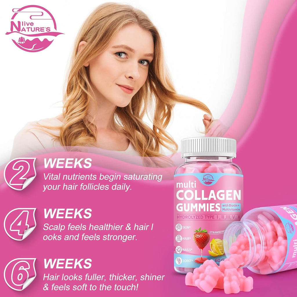 Nature'S Live Multi Collagen Peptides Gummies, Type I, II, III, V, X - Hydrolyzed Collagen Peptides with Biotin, Hyaluronic Acid, Supports Healthy Skin, Strong Nails & Thick Hair, 60 Count, 1 Pack