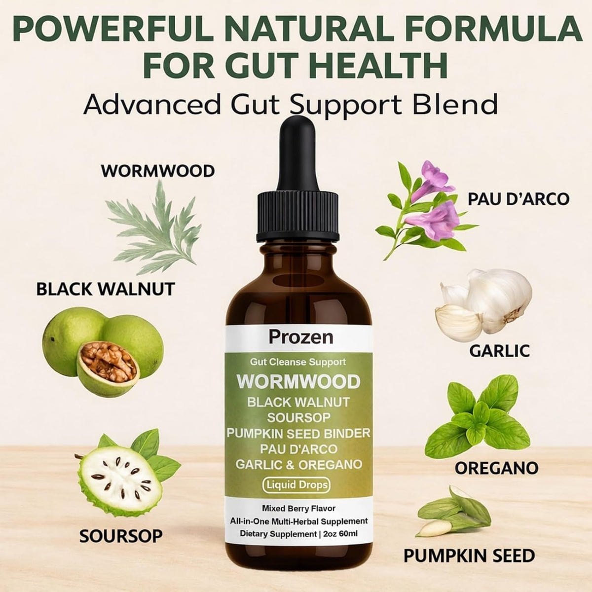 Prozen Wormwood Gut Cleanse Liquid Drops, Wormwood Black Walnut Clove Gut Cleanser for Adults with Soursop, Pumpkin Seed, PAU D'Arco, Garlic Oregano, Boosts Energy, Gut Health & Absorption, 2Oz (1)
