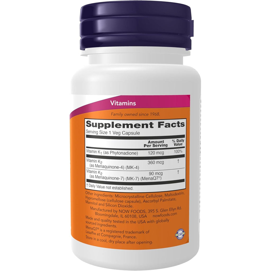NOW Foods Supplements, MK-7 plus with K1 & MK-4, Supports Bone Health*, 90 Veg Capsules