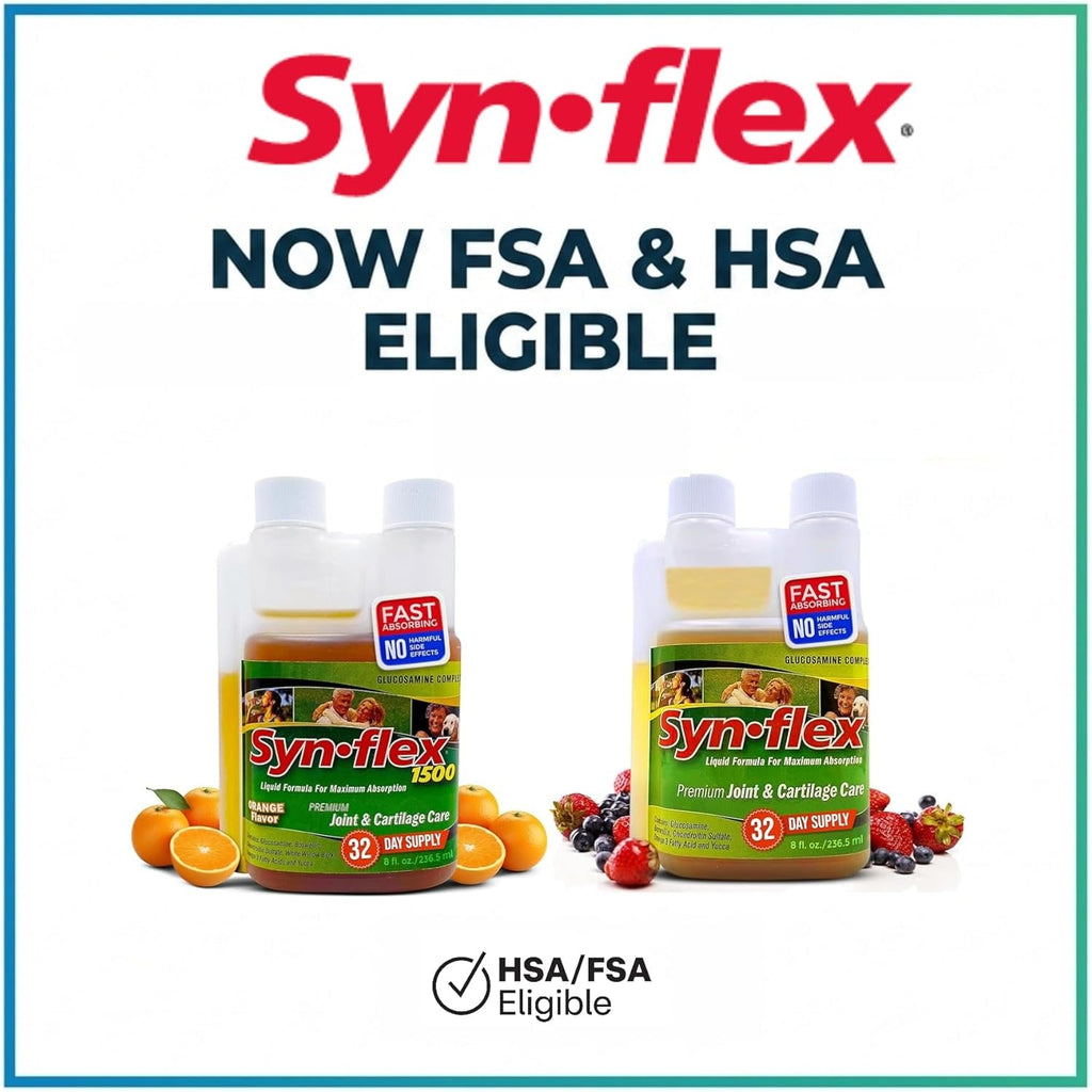 Synflex 1500Mg Liquid Glucosamine & Chondroitin Supplement - HSA/FSA, High Concentration and Fast-Absorbing Joint Support Formula with White Willow Bark, Manganese, and Boswellin, 32-Day Supply