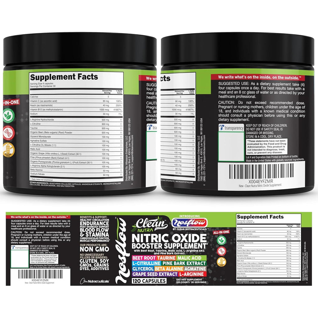 Nosflow Nitric Oxide Supplements for Men | Beet Root Taurine L-Arginine Malic Acid L-Arginine L-Citrulline Pine Bark Glycerol Agmatine Grape Seed Vitamin C B12 B3 by Clean Nutra
