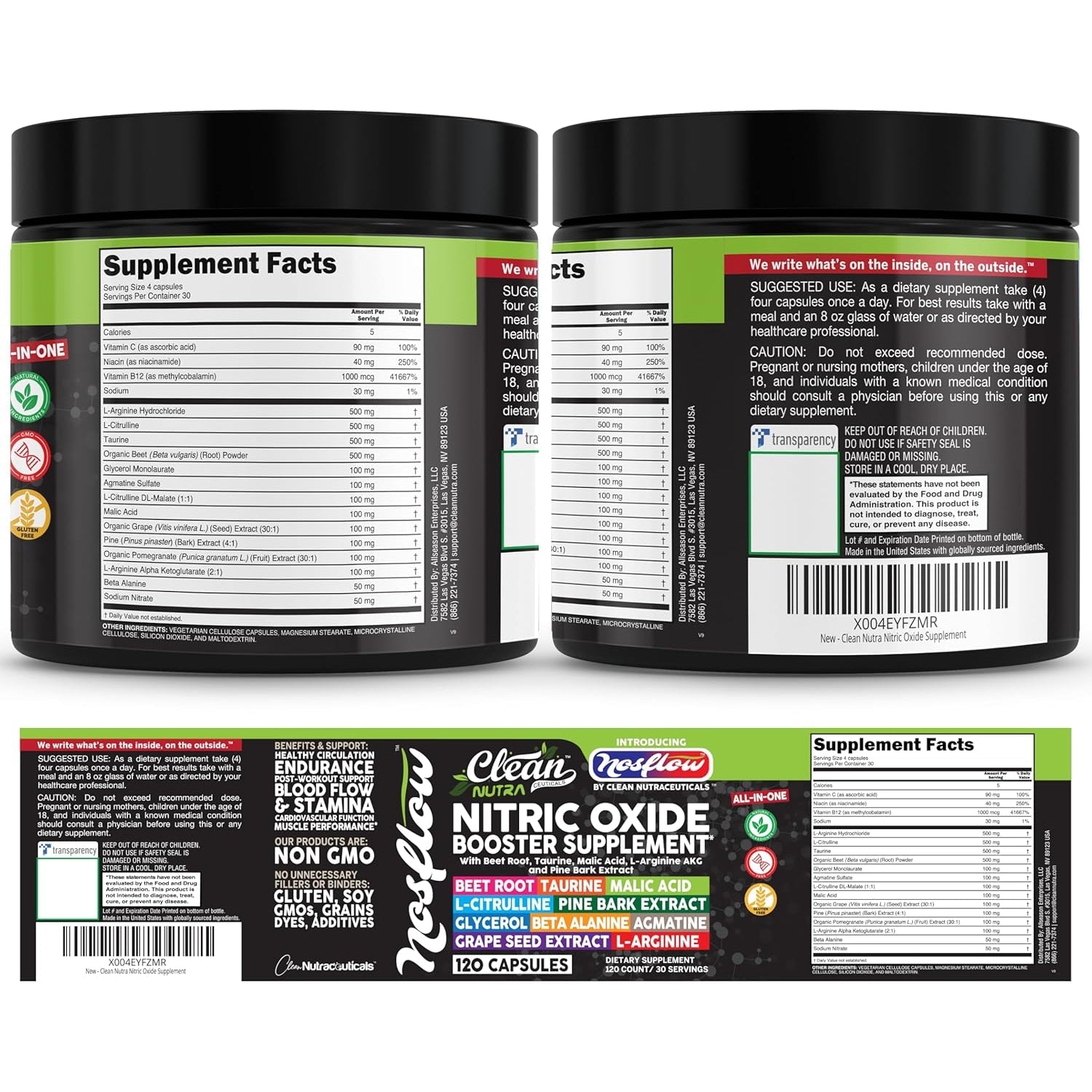 Nosflow Nitric Oxide Supplements for Men | Beet Root Taurine L-Arginine Malic Acid L-Arginine L-Citrulline Pine Bark Glycerol Agmatine Grape Seed Vitamin C B12 B3 by Clean Nutra