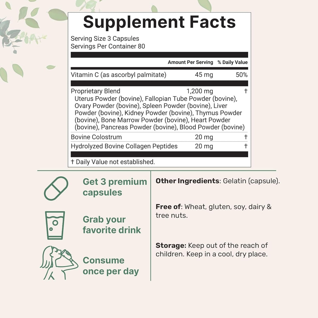 Micro Ingredients Grass‑Fed Beef Organ Supplement for Women – Bovine Beef Liver, Kidney, Heart & Uterus Tissue – 1,200 Mg Organ Blend plus Vitamin C, Colostrum & Collagen – 240 Capsules, No Fillers