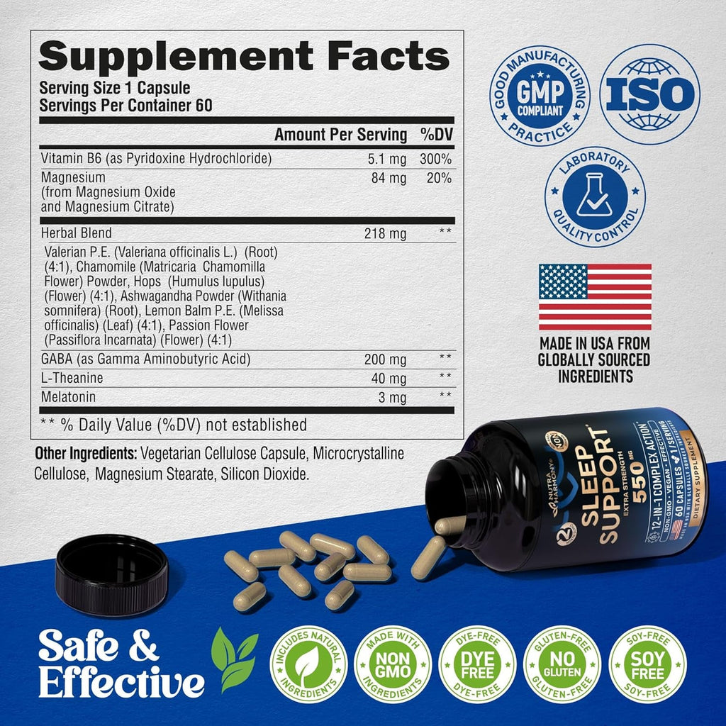 Sleeping Pills for Adults 550Mg - Melatonin 3Mg | Valerian Root for Sleep | L-Theanine | Magnesium - Natural Sleep Aid Supplement - Non-Habit Forming Rest Support - Lab Tested - 1/Day, 2 Month Supply