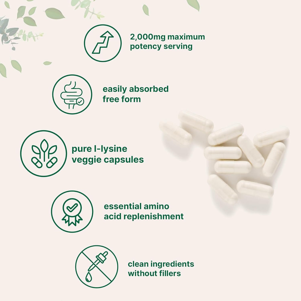 Pure L-Lysine 2,000Mg, 300 Veggie Capsules | Maximum Potency, Easily Absorbed, Free Form | Essential Amino Acid for Collagen, Lip, & Immune Support | Clean Ingredients without Fillers