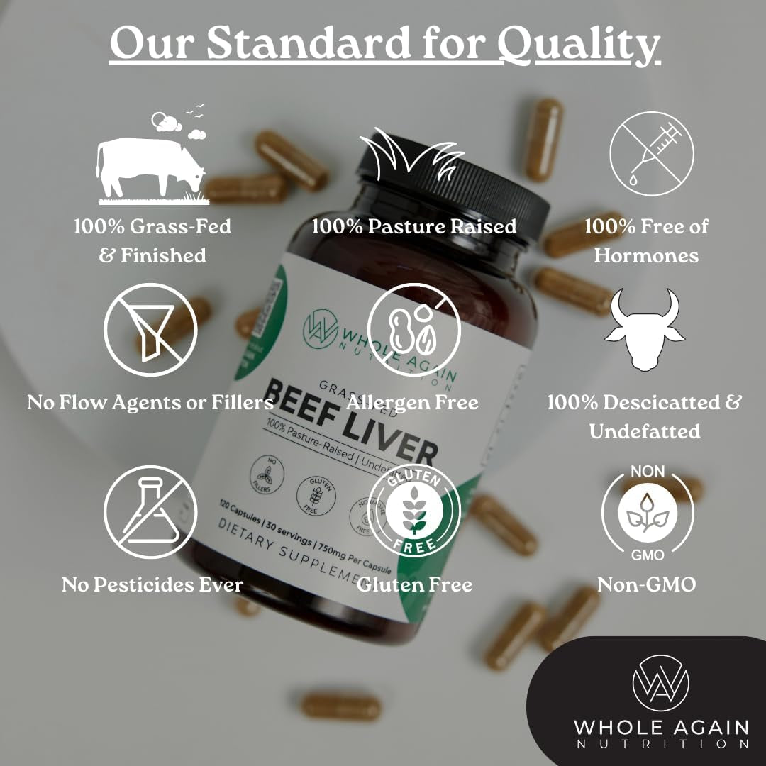 Grass Fed Beef Liver Capsules - 100% Pasture Raised - No Fillers or Flow Agents - 120 Count 3,000Mg Serving - 30-Day Supply - Iron and Energy - Grass Fed Desiccated Liver Supplement