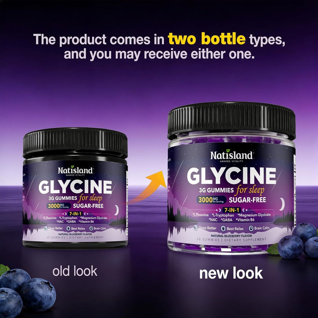 Glycine Gummies for Sleep, Glycine 3G Supplements with NAC, Magnesium Glycinate, L-Theanine, GABA, L Tryptophan, B6 for Relax, Nerve & Brain, Melatonin Free, Sugar Free, Vegan, Blueberry Flavor, 60 Ct