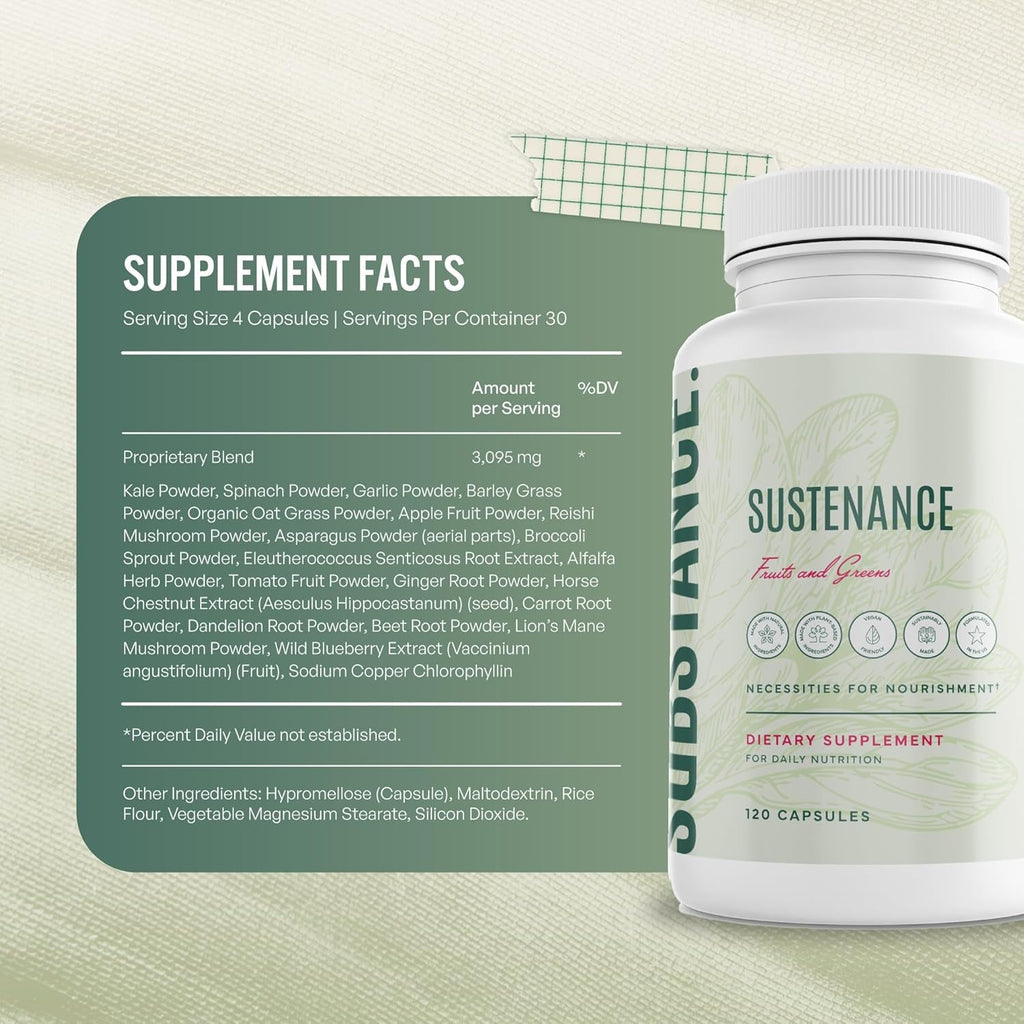 SUBSTANCE. - Nature'S Sustenance Daily Greens, Daily Fruit and Veggies Supplement - Enhance Energy, Mental Clarity - Fruits and Vegetables Supplements - US Made, Vegan-Friendly - 30 Servings.