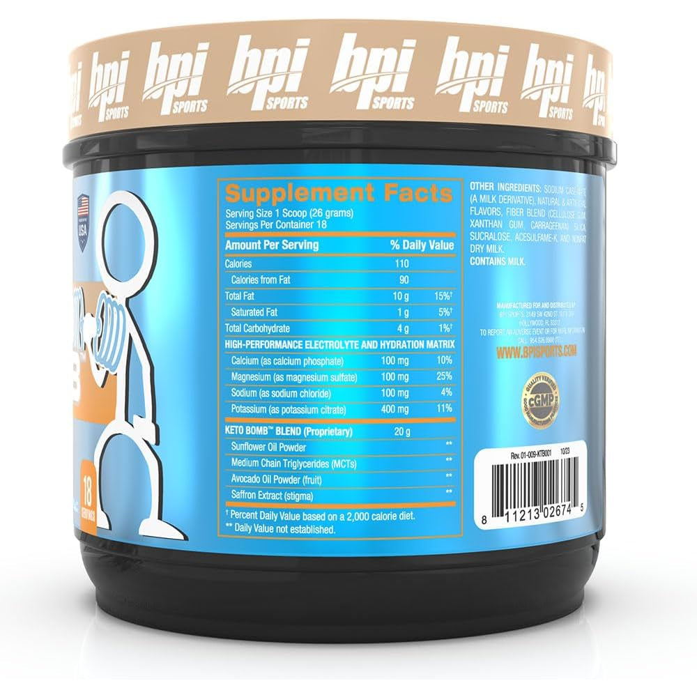 BPI Sports Keto Bomb - Promotes Energy, Hydration and Fat Loss - MCT and Electrolytes - Sugar-Free with Calcium - French Vanilla Latte, 18 Servings
