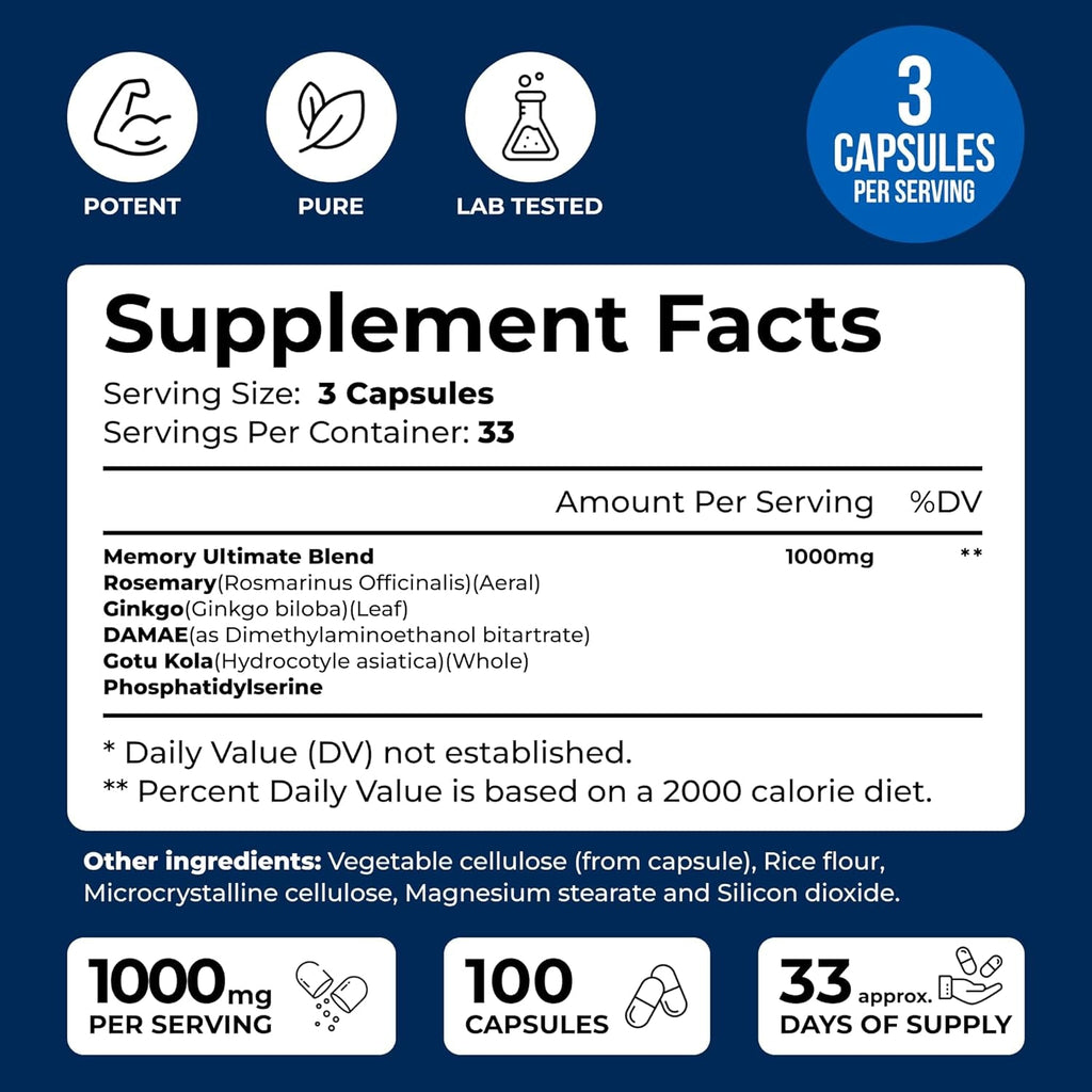 We like Vitamins Phosphatidylserine Supplement with Gingko Biloba, Gotu Kola, DMAE - Improves Focus, Memory, Cognitive Function - Soy-Free 1000Mg Memory Ultimate Complex - 100 Easy-To-Swallow Capsules