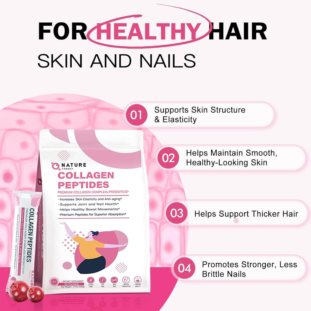 NATURE TARGET Multi Collagen Peptides Powder - Type I, II, III, V, X - Enhanced Absorption, Hydrolyzed Collagen Peptides with Prebiotics, Sugar-Free, Skin Hair Nail & Joint Support, Non-Gmo
